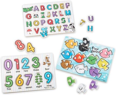 Melissa and Doug Classic Wood Puzzles - Set of 3- Number Alphabet and Colours